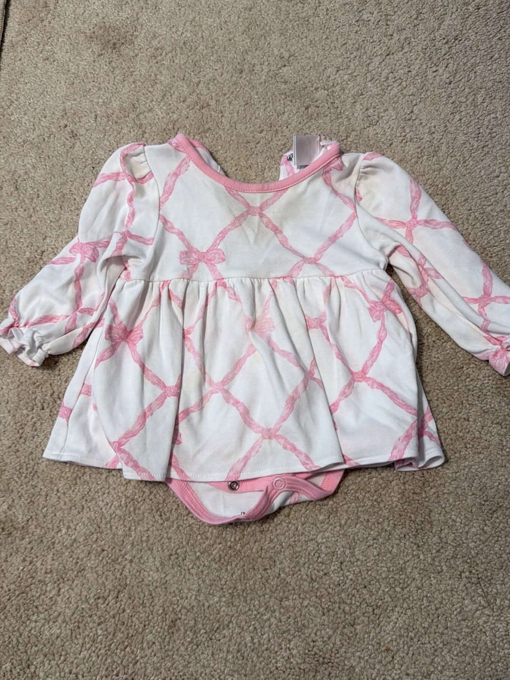 The Beaufort Bonnet Company White Bodysuit Dress with Pink Ribbon Lattice